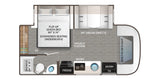 This RV rental floor plan shows an efficient interior layout, featuring a flip-up queen bed, dinette, kitchen, and compact bath.