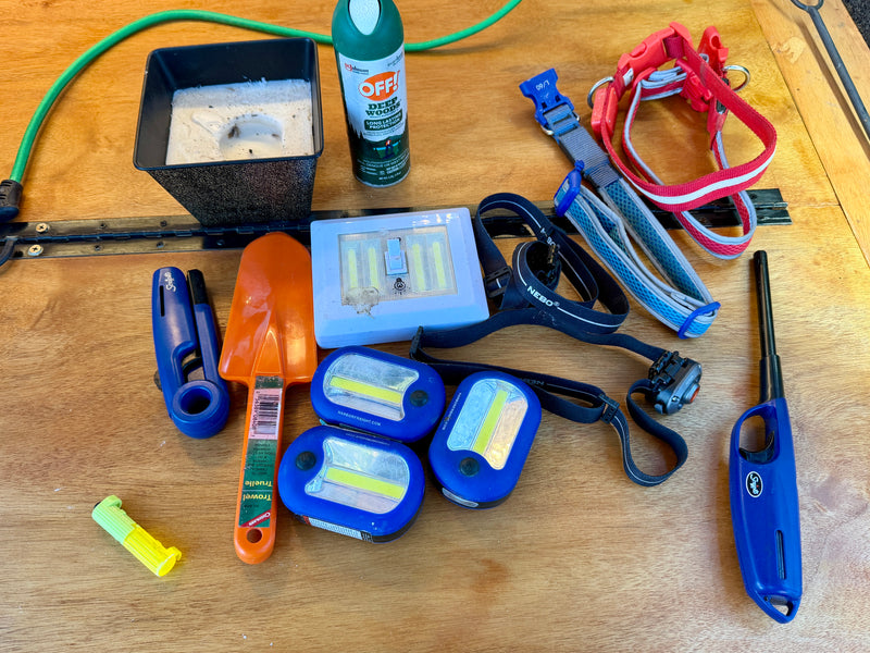 RV rental camping gear: portable lights, insect repellent, pet collars, trowel, and lighters for nature trips. — photo 20