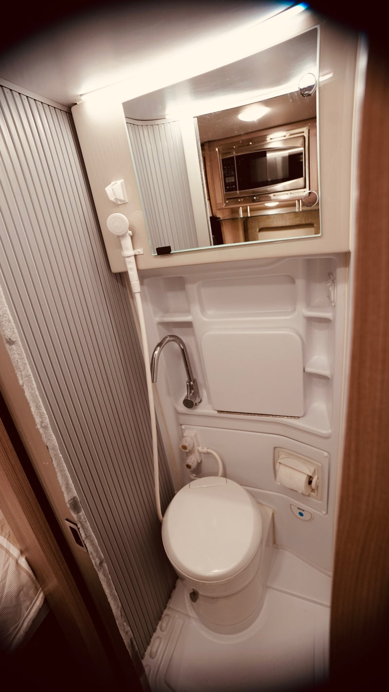 An RV rental's compact wet bath showing a toilet, shower, and sink. A mirror reflects a microwave. — photo 6