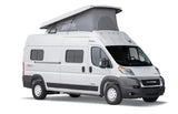 White Winnebago Solis pop-top camper van for rv rental, perfect for road trip adventures.