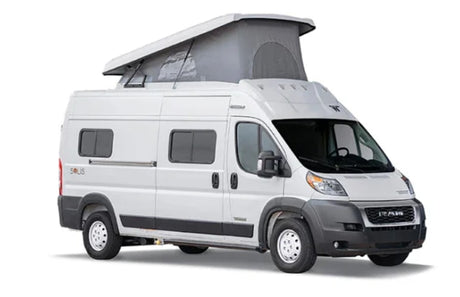 White Winnebago Solis pop-top camper van for rv rental, perfect for road trip adventures.