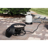 Portable propane fire pit and tank on a patio, ready for RV rental outings or backyard ambiance.
