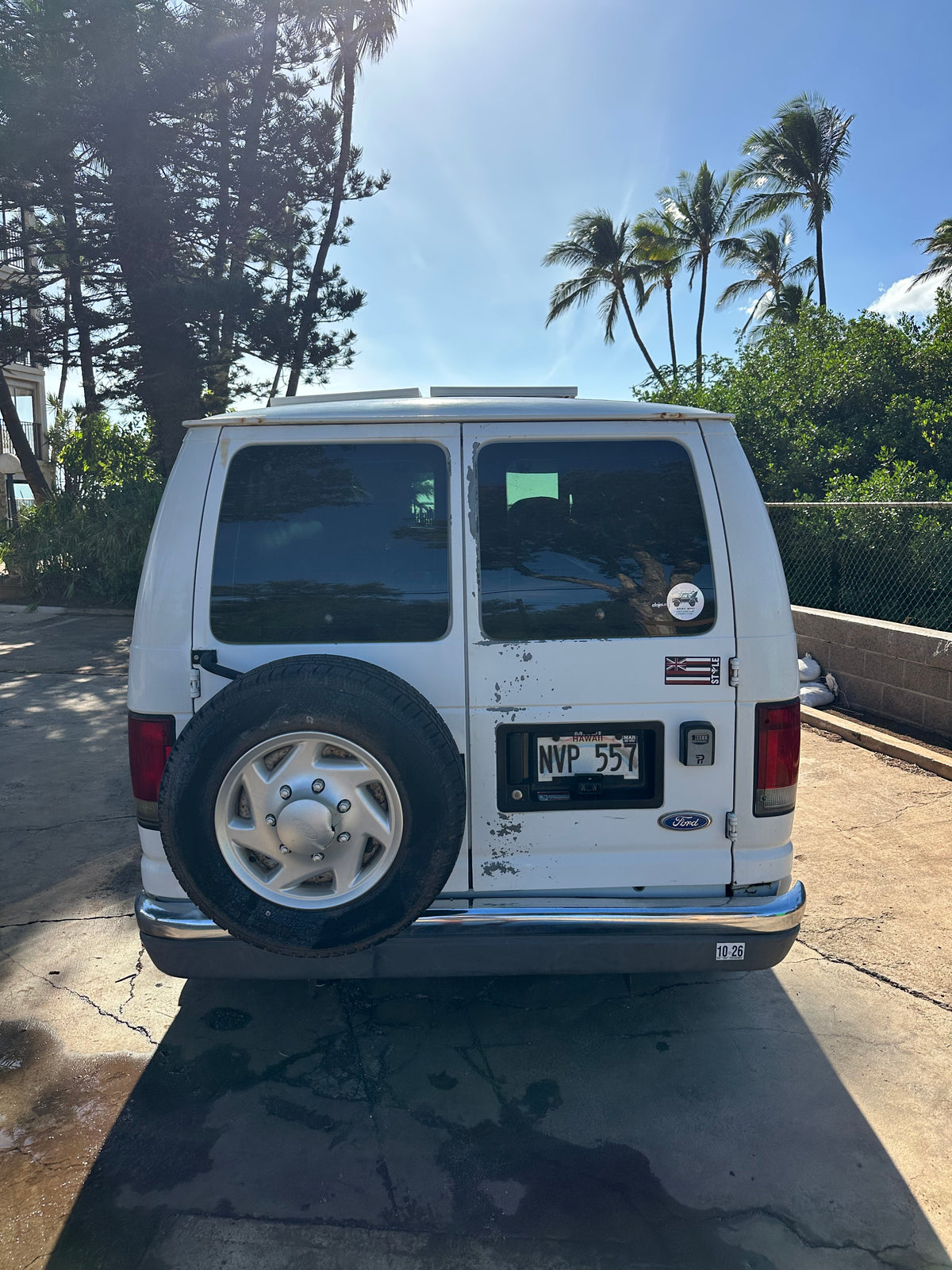 White Ford van with a spare tire, Hawaii license plate (NVP 557). Parked outdoors under sunny skies & palm trees, possibly an rv rental. — photo 15