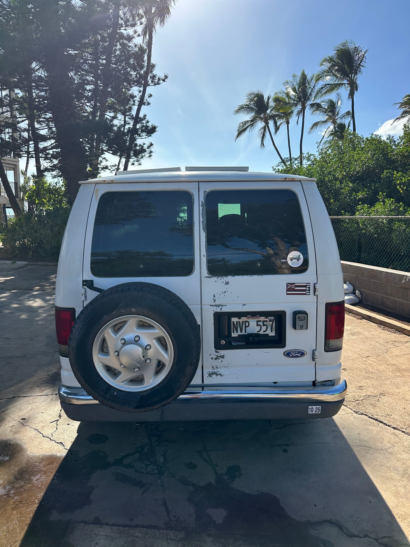 White Ford van with a spare tire, Hawaii license plate (NVP 557). Parked outdoors under sunny skies & palm trees, possibly an rv rental.