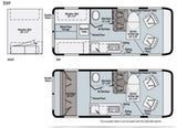 RV rental floor plan for model 59P: adaptable interior showing bed/sofa, wet bath, kitchen, and dining areas.