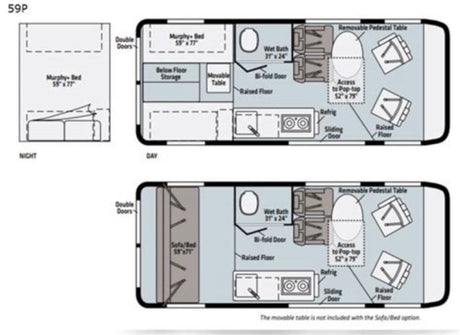 RV rental floor plan for model 59P: adaptable interior showing bed/sofa, wet bath, kitchen, and dining areas.