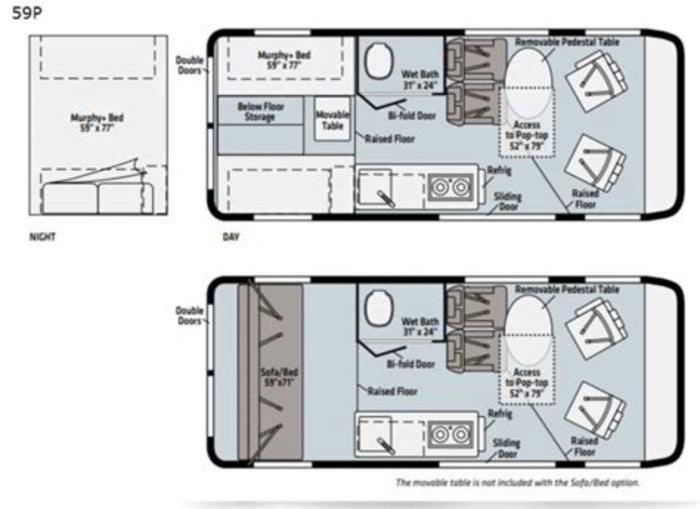 RV rental floor plan for model 59P: adaptable interior showing bed/sofa, wet bath, kitchen, and dining areas.