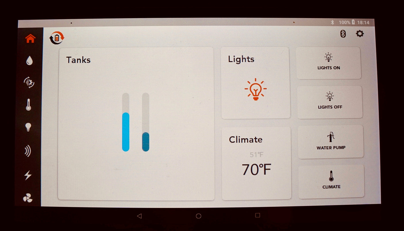 Digital control panel in an **rv rental** displaying tank levels, climate settings (70°F), lights, and water pump.