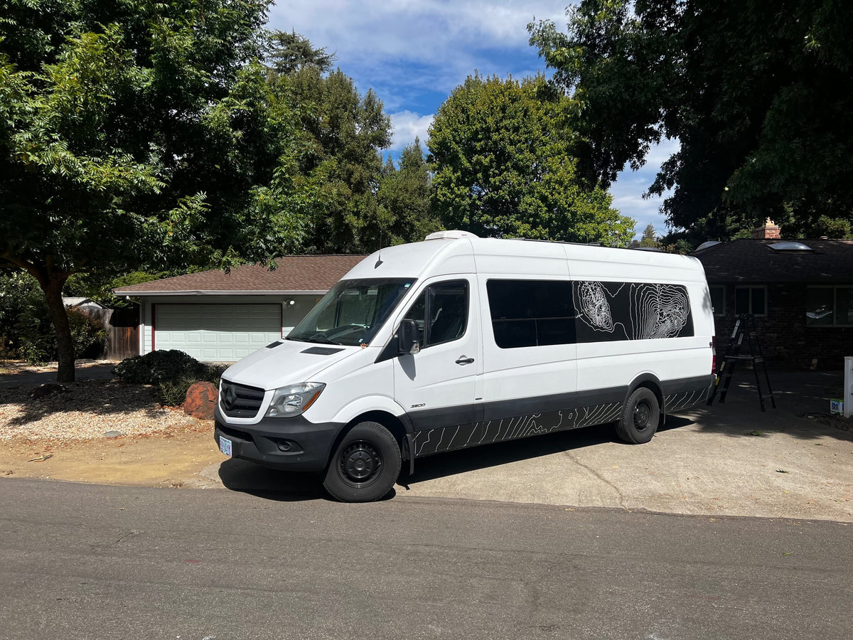 A white Mercedes Sprinter camper van
