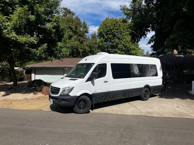 A white Mercedes Sprinter camper van