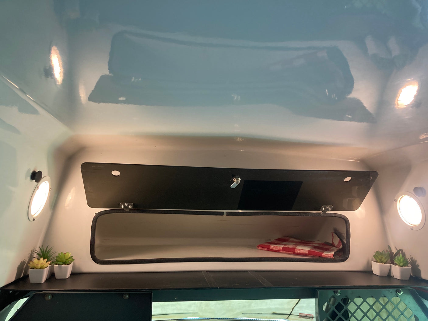 RV rental interior: An open overhead storage unit, bright lighting, and decorative plants create a practical and inviting camper space.