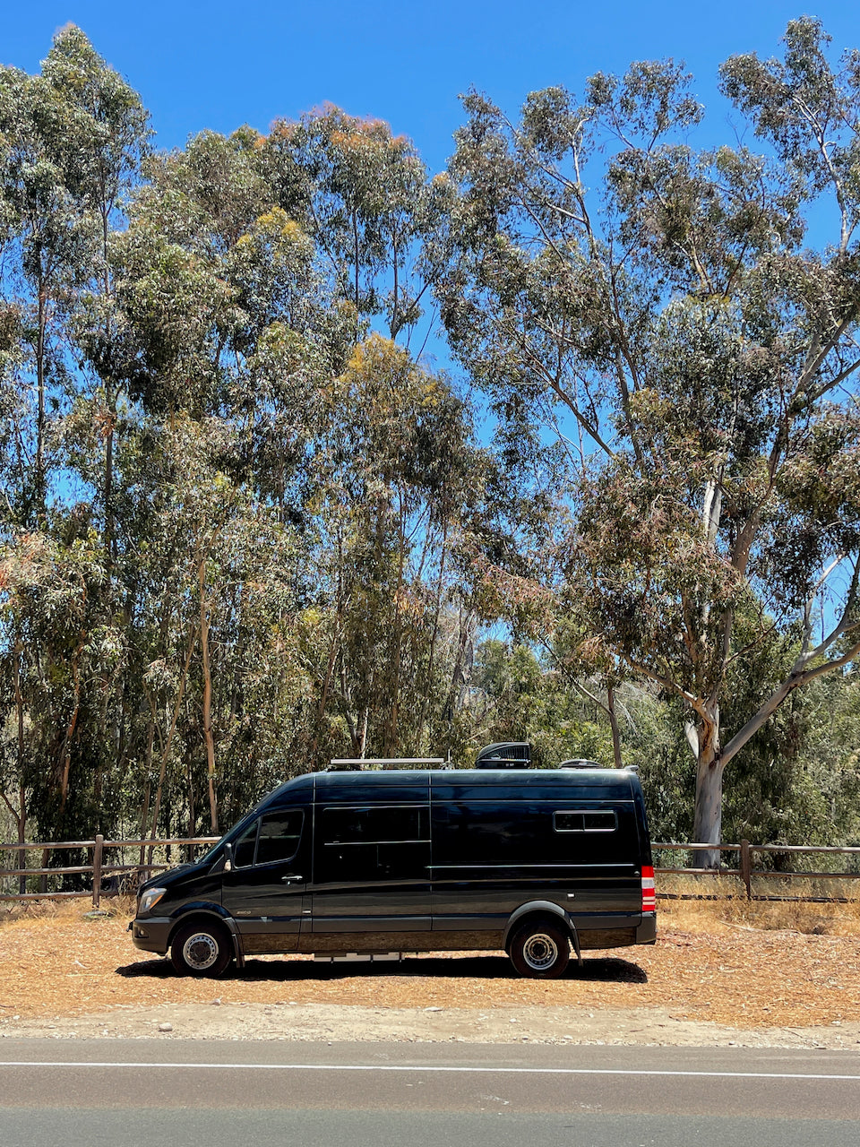 Side view of a black Sprinter RV rental van parked off a road, with a fence and eucalyptus trees.