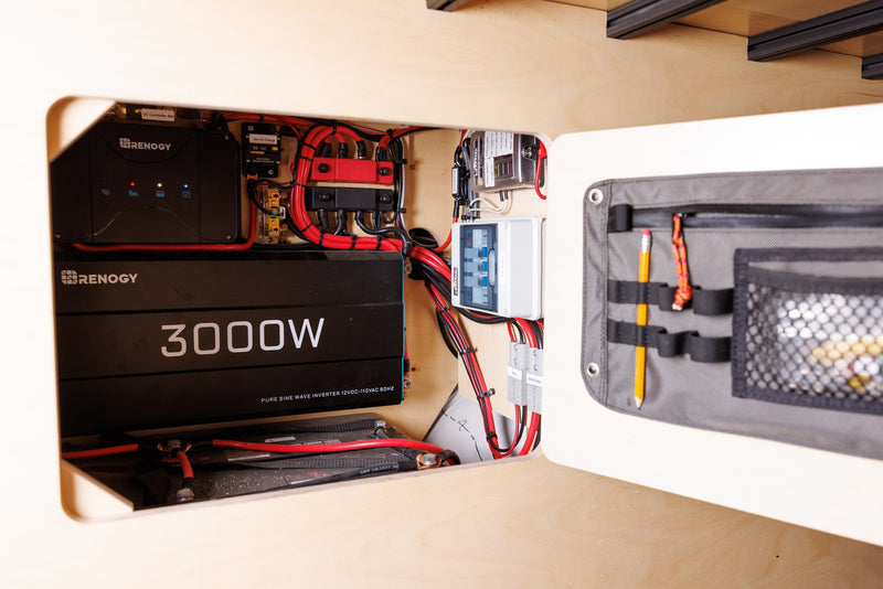Detailed view of an RV rental's power system: Renogy 3000W inverter, solar charge controller, batteries, and organized wiring. — photo 10