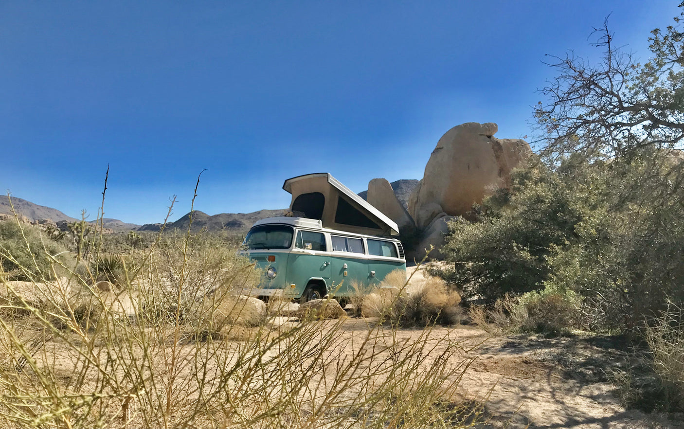 Vintage teal RV rental parked amidst desert plants & rock formations under clear blue sky, ideal for outdoor adventure.
