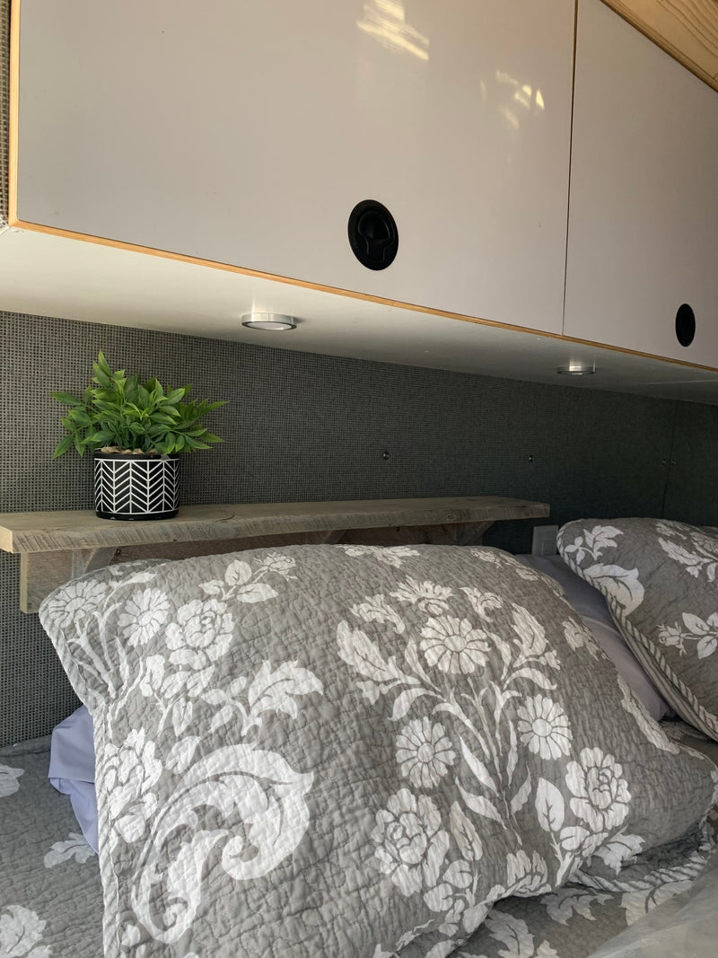 Cozy RV rental bedroom showcasing smart overhead storage, a small plant on a wood shelf, and soft floral bedding. — photo 3