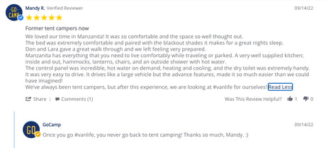 A 5-star customer review for GoCamp's rv rental service, highlighting a positive vanlife experience that converted tent campers.
