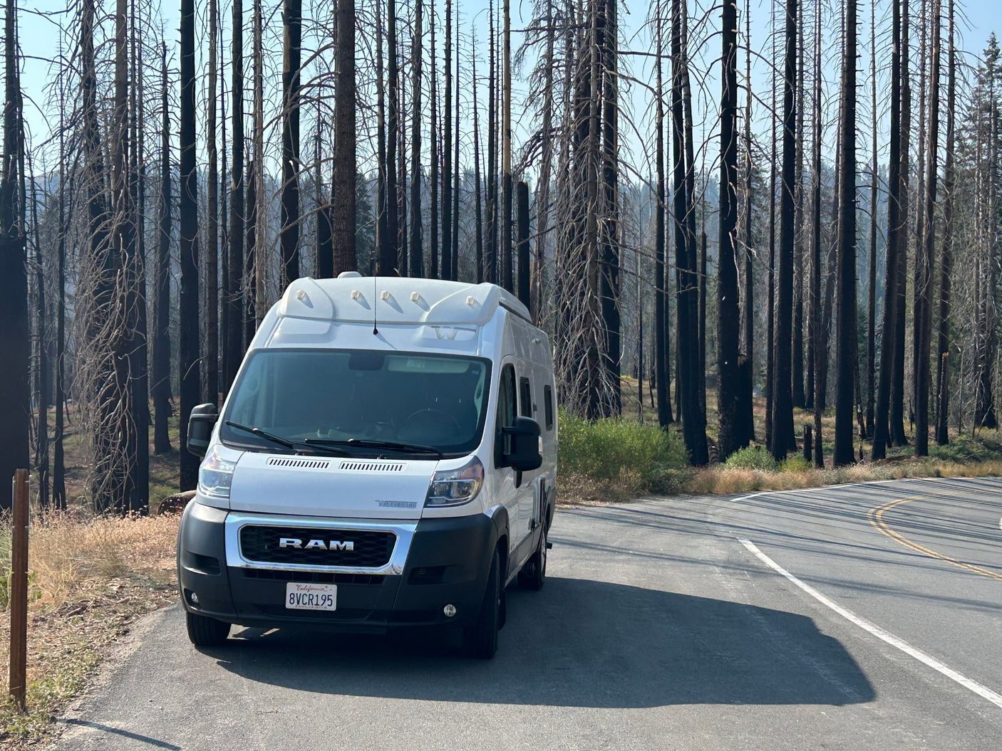Scenic rv rental road trip stop: a white camper van parked by charred trees in a post-wildfire forest. California travel.