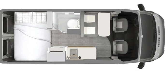 RV rental floor plan: A compact camper van interior, showing bed, kitchen, bathroom, and front cabin seats from above. — photo 2