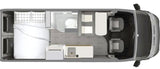 RV rental floor plan: A compact camper van interior, showing bed, kitchen, bathroom, and front cabin seats from above.
