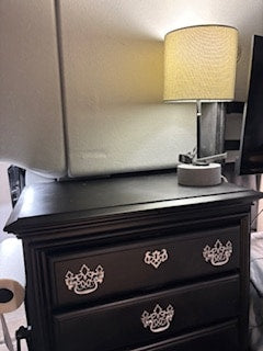 This compact RV rental bedroom offers practical comfort: a black dresser with lamp & speaker for your travel needs.