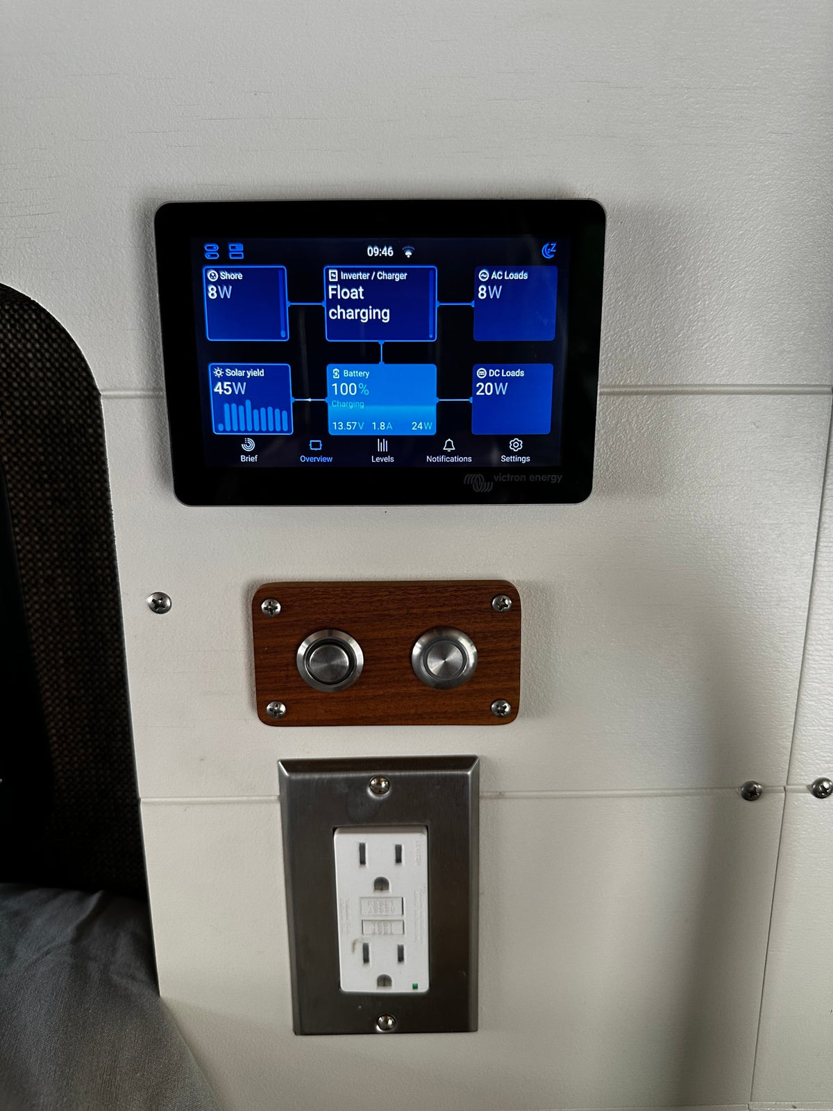 RV rental power display shows solar 45W, battery 100% charging, AC/DC loads, and shore power with GFCI outlet. — photo 18