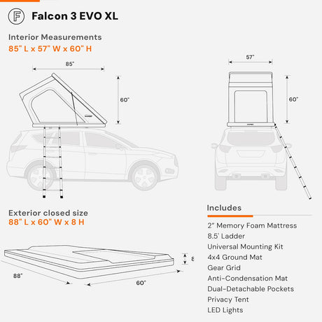 Falcon 3 EVO XL rooftop tent specs: interior 85"x57"x60", closed 88"x60"x8". Great for car camping/rv rental alternative.