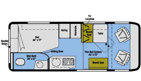 RV rental interior layout: detailed floor plan with bed, wet bath, kitchen, wardrobe, and convertible dinette.