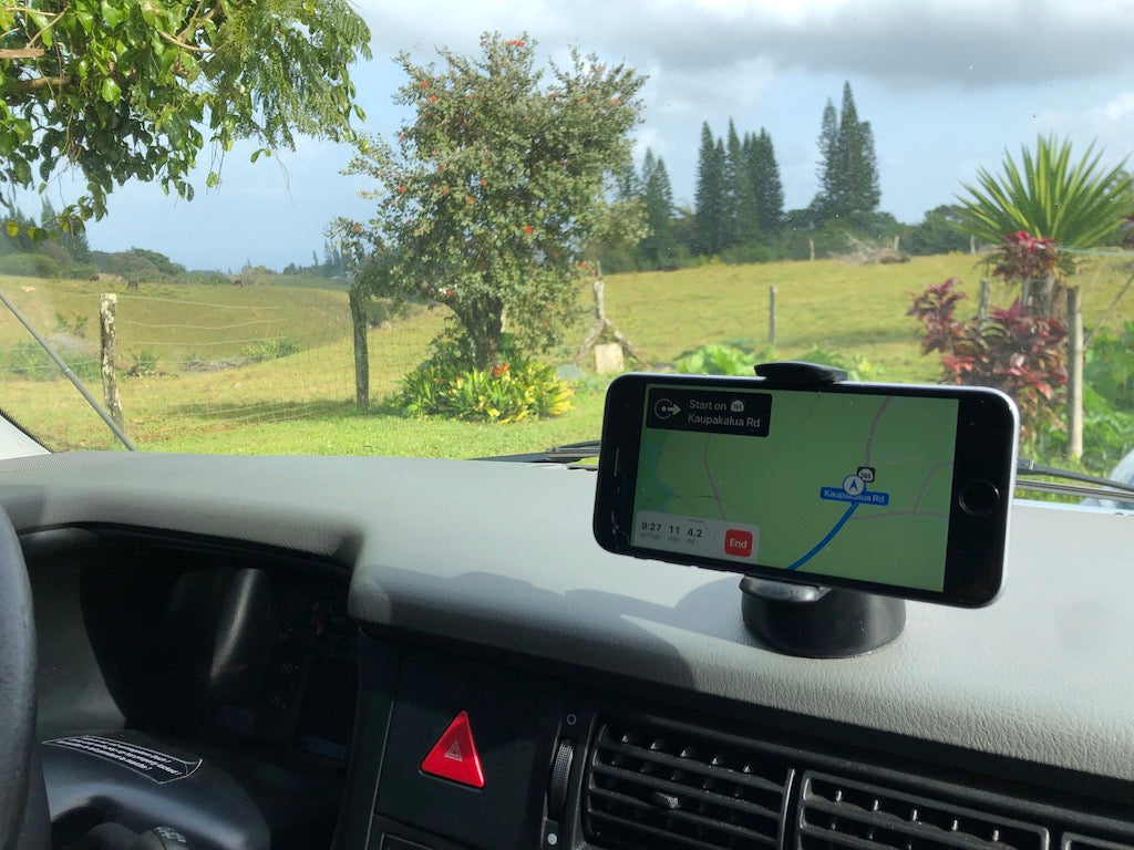 RV rental journey: Phone navigation on dashboard shows Kaupakalua Rd with scenic green fields and trees outside.