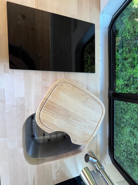 RV rental kitchenette: induction cooktop, sink with cutting board, and green window view.