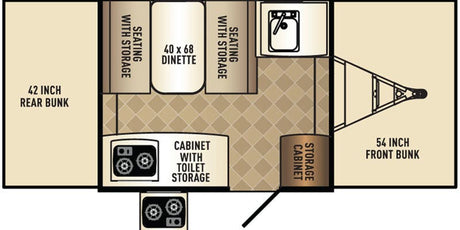 RV rental floor plan diagram: Features 42" & 54" bunks, a dinette, kitchen area, & multiple storage cabinets.