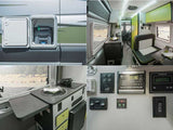 This RV rental features a modern kitchen, exterior toilet access, and advanced solar power controls for comfortable adventures.