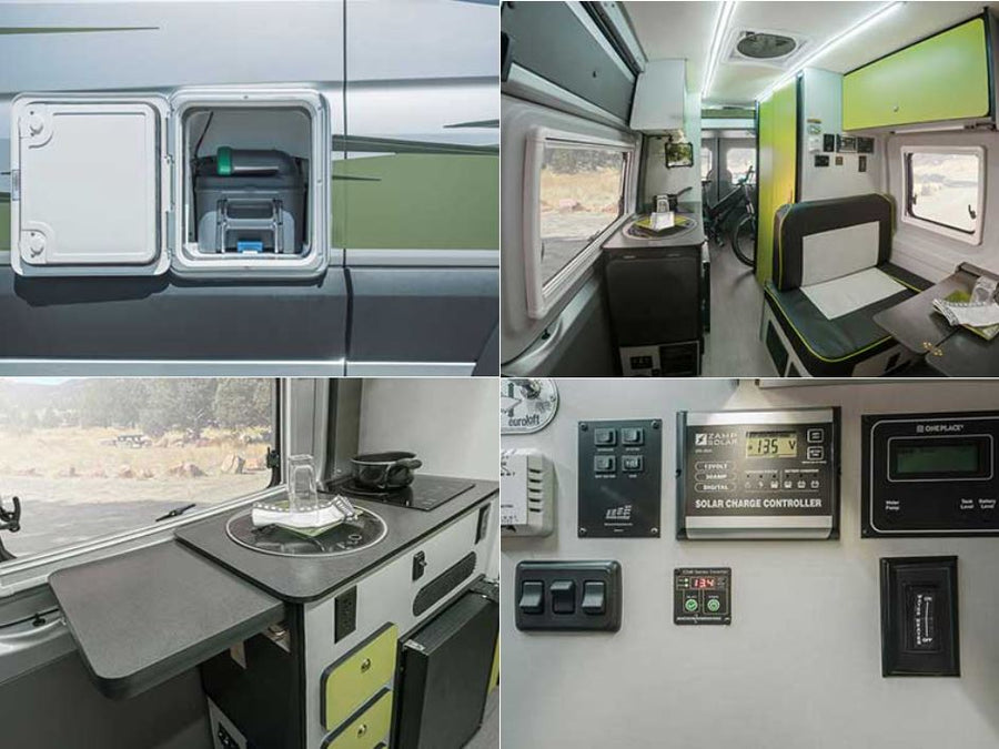 This RV rental features a modern kitchen, exterior toilet access, and advanced solar power controls for comfortable adventures.
