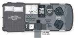 RV rental interior layout: Features a power lift bed, compact kitchen, bath, and convertible dining space for versatile travel.