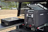 RV rental: Dometic fridge & sink on slides. Compact outdoor kitchen for easy camp meals.