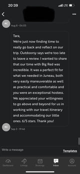 Screenshot of a glowing 6/5 star customer review for an rv rental, praising the vehicle 'Big Red' and host 'Tara' via a messaging app.