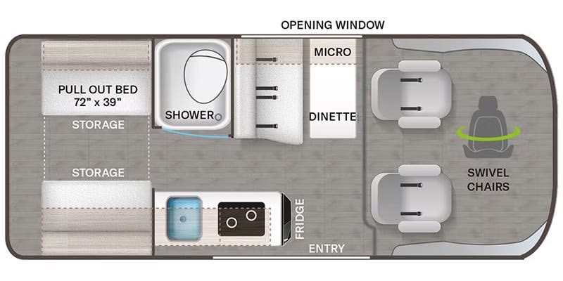RV rental floor plan: compact layout with pull-out bed, shower, dinette, kitchen, and swivel chairs for a comfy journey.