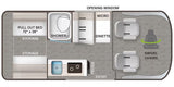 RV rental floor plan: compact layout with pull-out bed, shower, dinette, kitchen, and swivel chairs for a comfy journey.