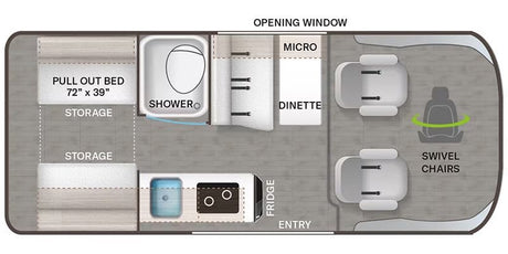 RV rental floor plan: compact layout with pull-out bed, shower, dinette, kitchen, and swivel chairs for a comfy journey.