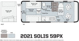 2021 Solis 59PX camper van floor plan for rv rental. See versatile interior layout with Murphy+ bed, wet bath & kitchen.