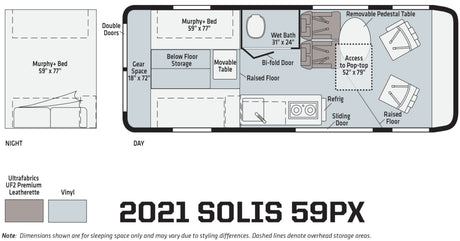 2021 Solis 59PX camper van floor plan for rv rental. See versatile interior layout with Murphy+ bed, wet bath & kitchen.