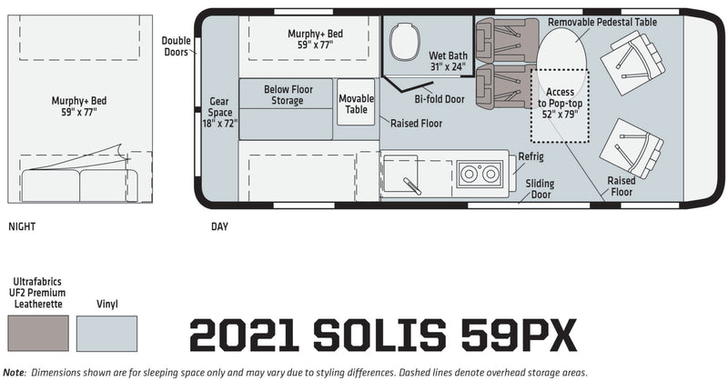 2021 Solis 59PX camper van floor plan for rv rental. See versatile interior layout with Murphy+ bed, wet bath & kitchen. — photo 7