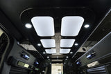 Step inside this luxurious RV rental: elegant dark wood-grain ceiling, illuminated panels, and comfortable padded walls.