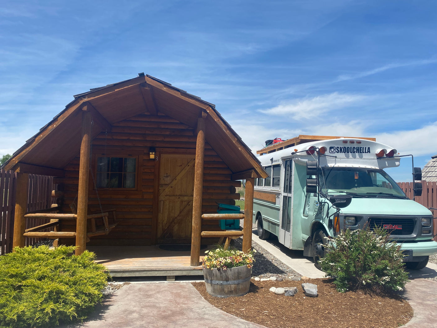 Rustic log cabin & a "Skoolchella" converted bus, an excellent RV rental for unique glamping.