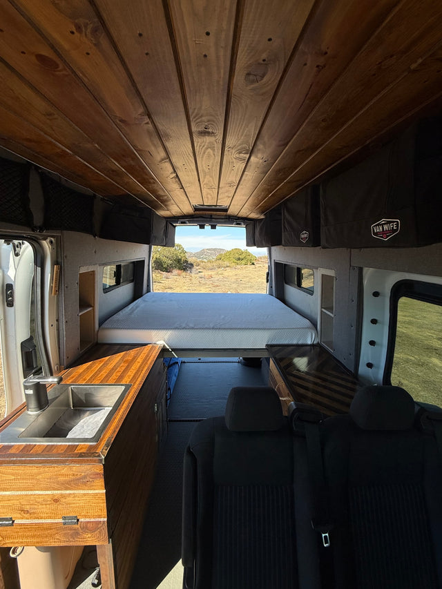 View from inside an rv rental: wood ceiling