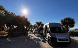 Coastal RV rental parked on sandy ground by palm trees, sun shining. A paddleboard is next to the van, ocean beyond.