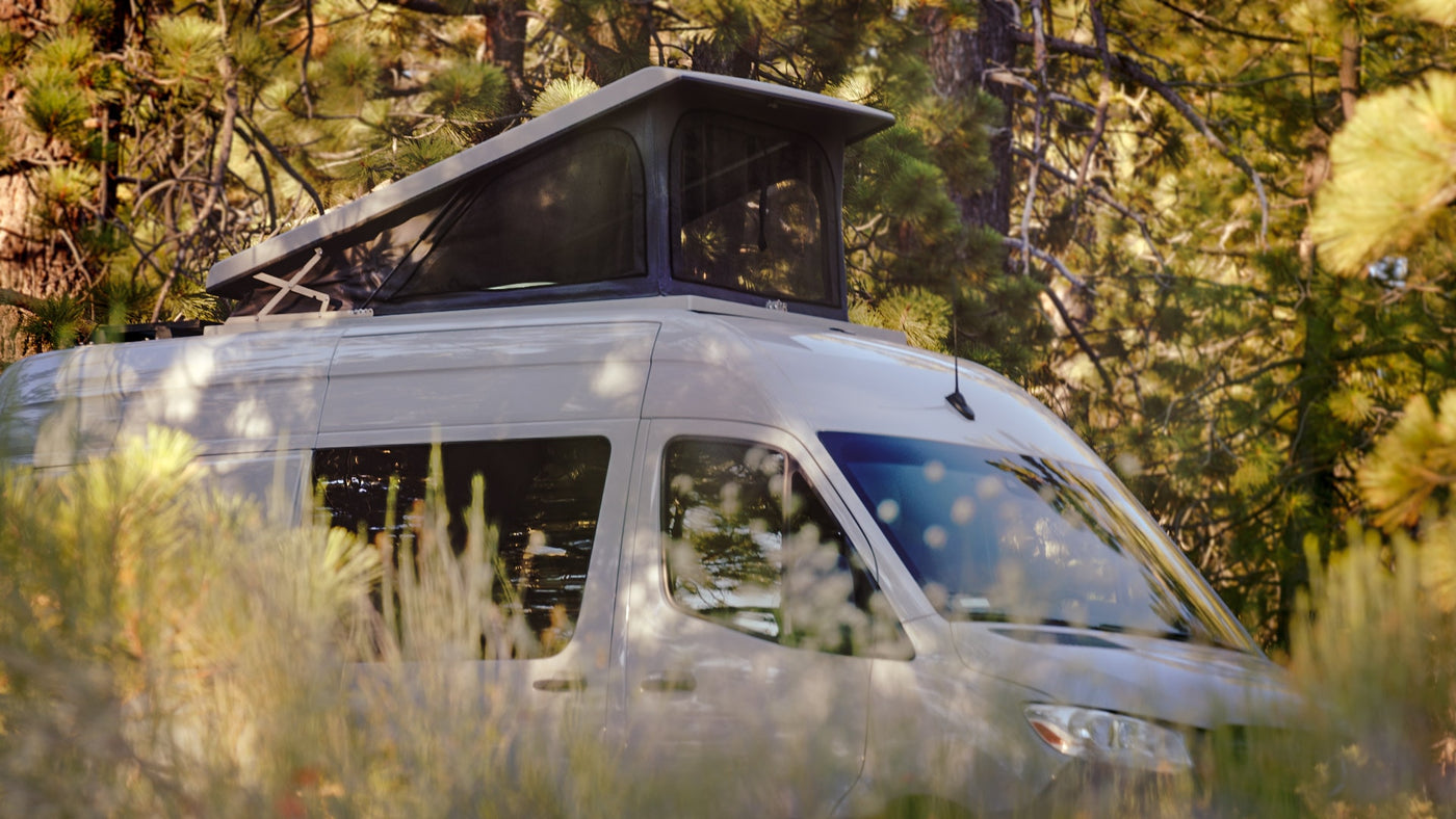 An **RV rental**: A modern campervan with an extended pop-top tent is parked within a dense pine forest for camping. — photo 3