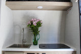 Inside an RV rental: a compact kitchen with a sink, covered cooktop, and a vase of pink flowers.
