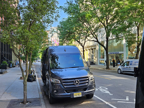 A dark grey Mercedes-Benz RV rental van is parked on a sunny city street, lined with trees and storefronts.