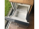 RV rental: This photo shows a built-in, pull-out freezer with a removable bin for convenient food storage.