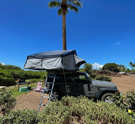 Jeep Wrangler with a rooftop tent and ladder, like an RV rental, set up under a clear blue sky, ideal for outdoor travel.